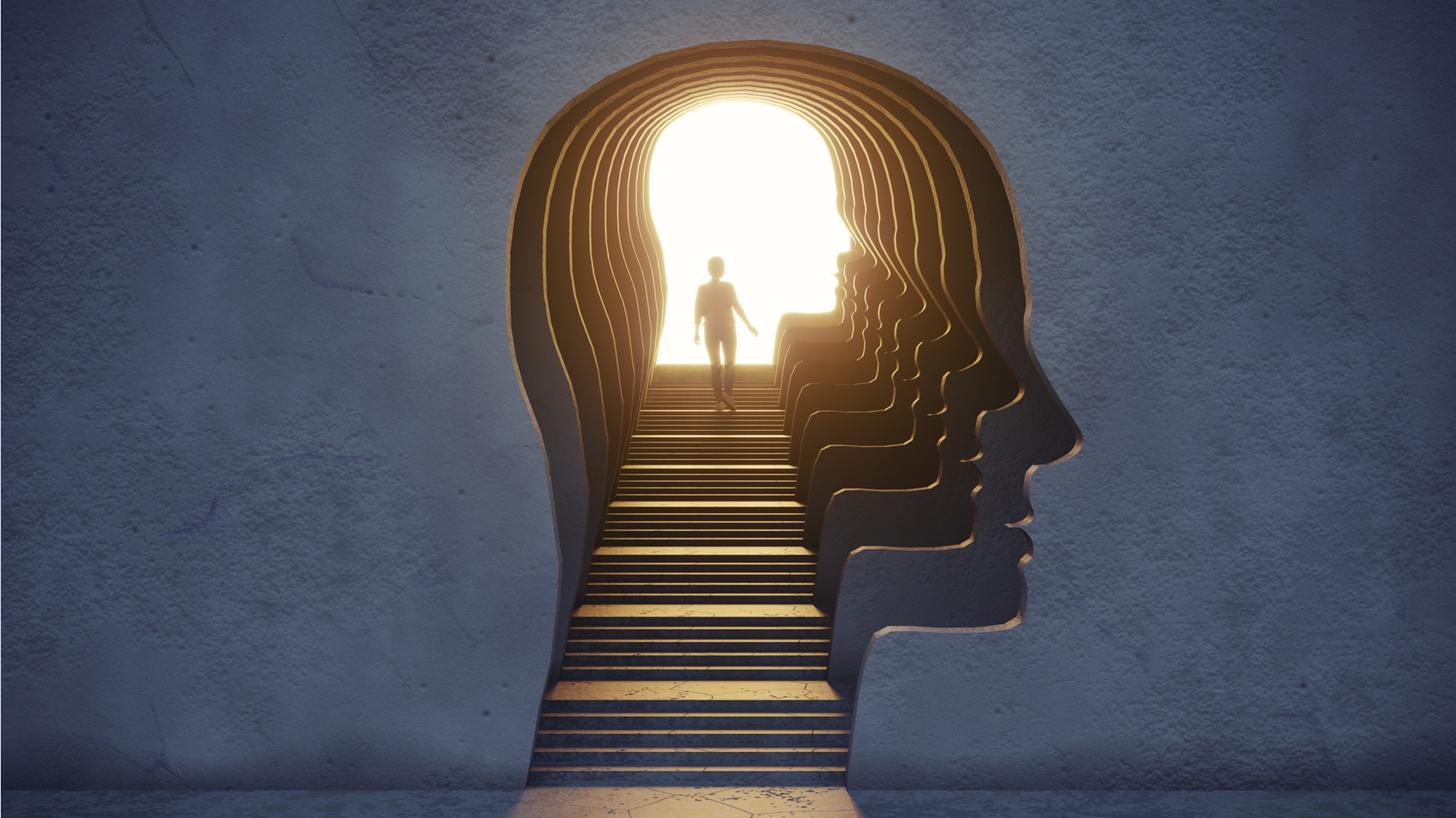 Silueta hlavy s vnořenými vrstvami a postavou stoupající po schodech k jasnému světlu. Symbolizuje Alzheimerovu chorobu.