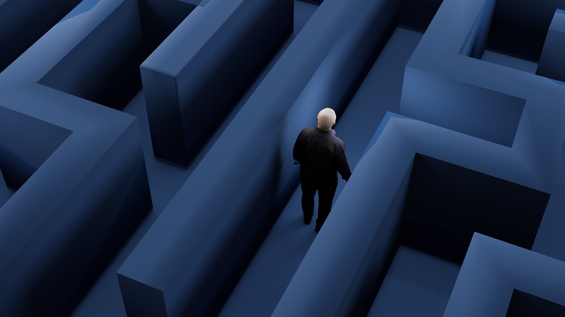 Starší osoba se pohybuje v modrém labyrintu, což symbolizuje složitost přizpůsobení domácnosti pro péči.