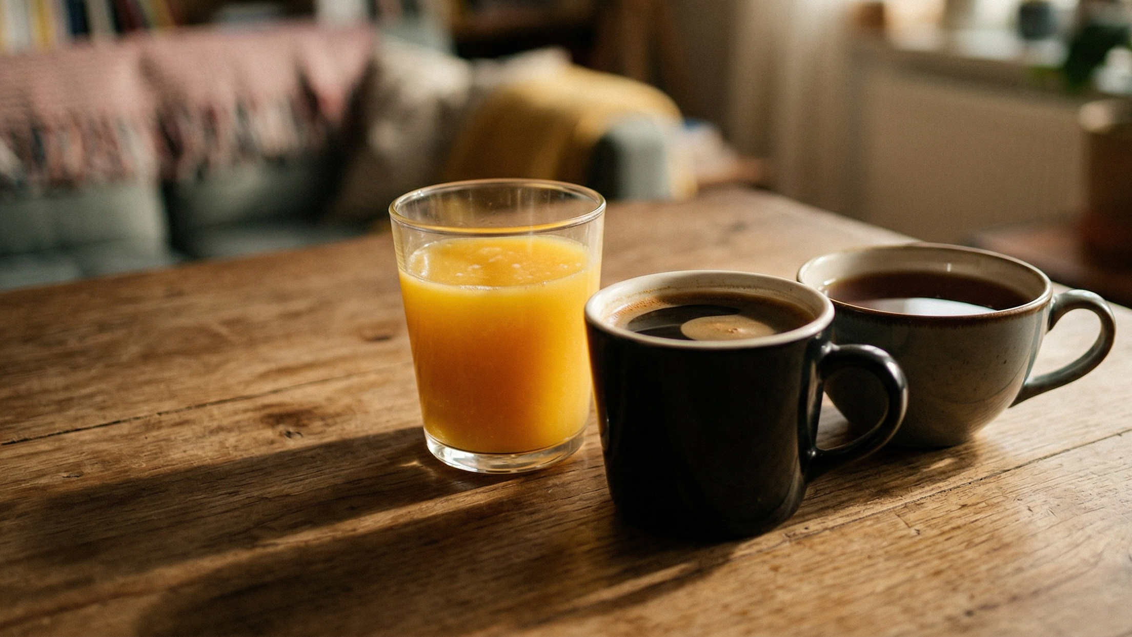 Káva, čaj a džus na stole